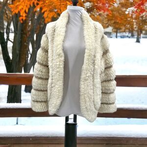 Vintage Sideffects Hand Crochet Acrylic Cream & Tan Cozy Open Jacket Cardigan S